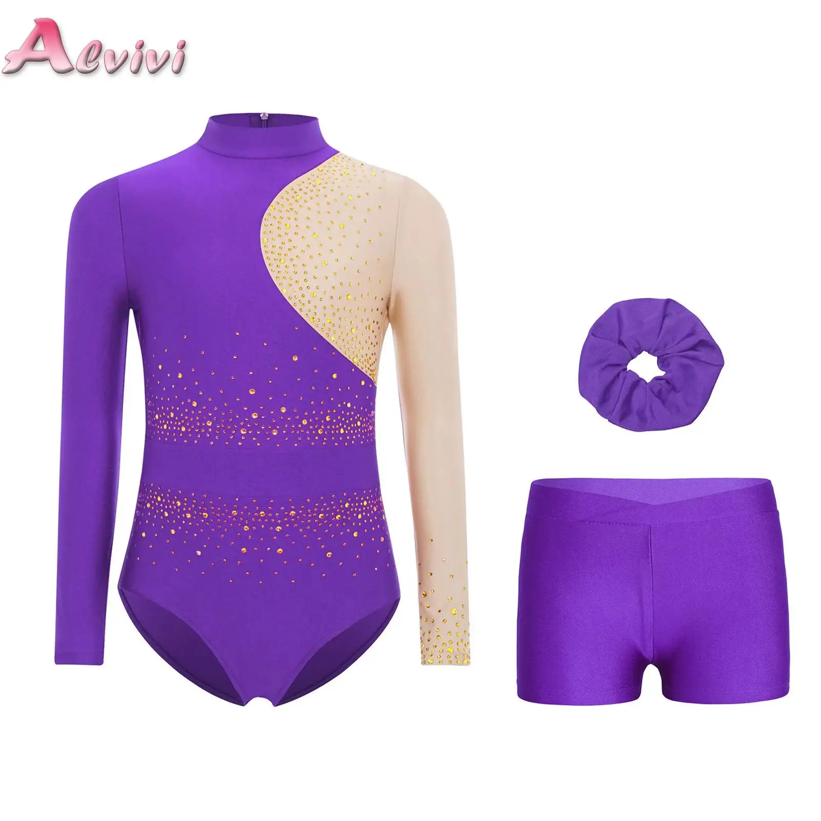 

Kids Girls Gymnastics Bodysuit 3-Piece Figure Skating Ballet Dance Outfit Metallic Leotard+Shorts +Hair Band Dancewear Sport Set
