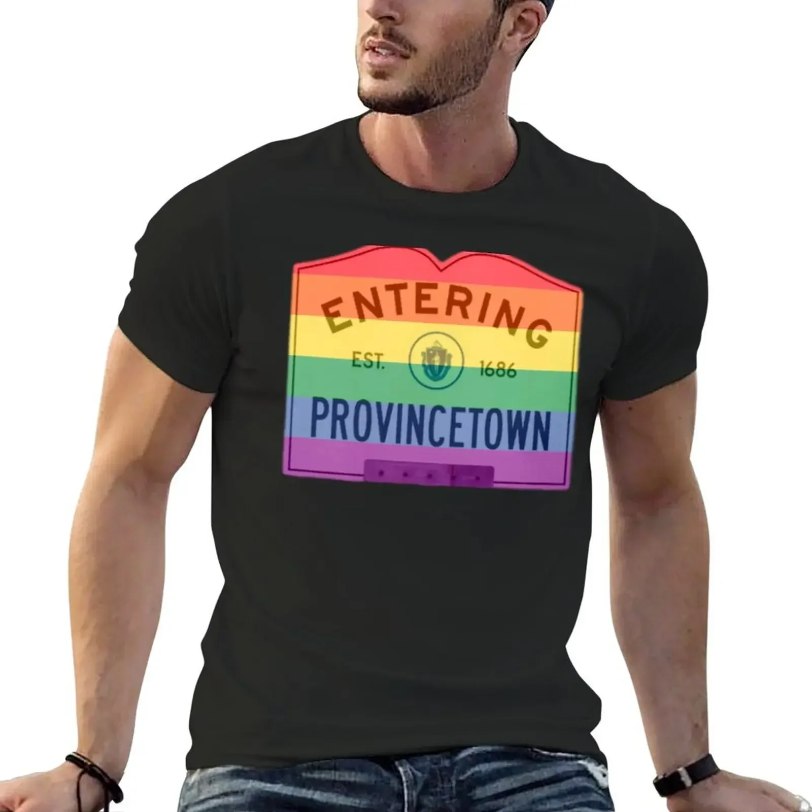 Entering Provincetown Rainbow Road Sign T-Shirt rapper graphic tees vintage oversized t shirt outfits for men