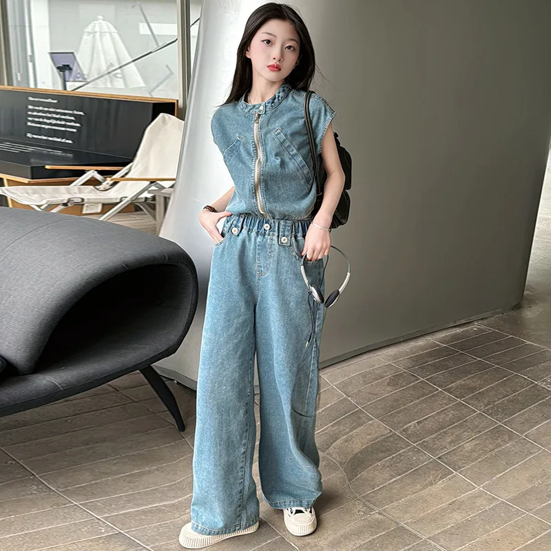 

Girls Suits Jeans Sleeveless Top Trousers Straight Leg Pants Two-piece Set 2024 New Summer Dress Girls Vest Suit Simple Casual