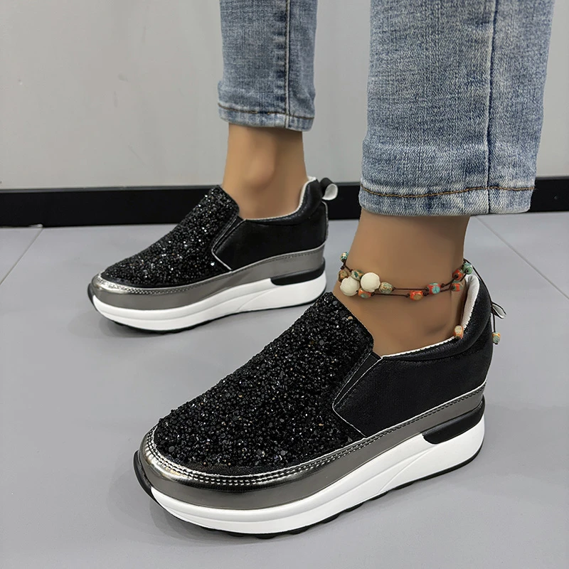 Microfiber Mid Heel Comfortable Sneakers Slip-on Adult 2024 High Quality Women's Shoes Spring Bling Women's Vulcanize Shoes