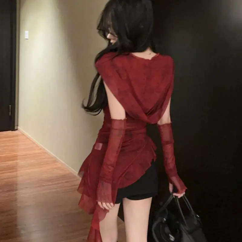 Red Mesh See Through Top Streetwear Hooded T-shirt Irregular Ruffle Oversleeve Tops for Women Sexy Y2k Clothing