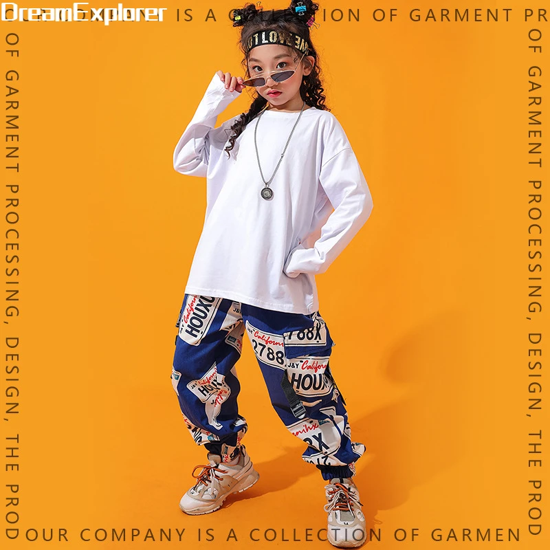 Boys Hip Hop Top Cargo Pants Girls Sweatshirt Graffiti Joggers Clothes Set Kids Street Dance Wear Child Jazz Costume Streetwear