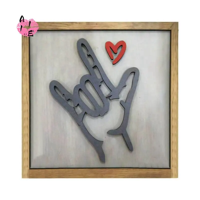 A11E-I Love You Sign Language Wooden Sign - Rustic Farmhouse Decor, Artistic Wall Hanging For Home Decoration