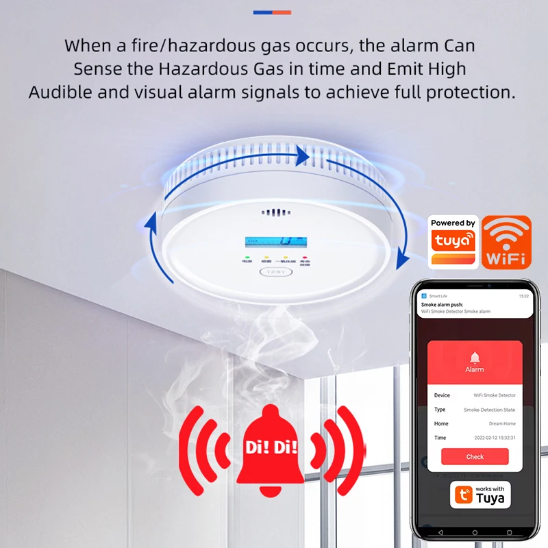 Tuya 3 Year Battery 2 in 1 WiFi Tuya Smart Carbon Monoxide Detector Alarm 85dB Sound Warning LCD Digital Display Home Indoor