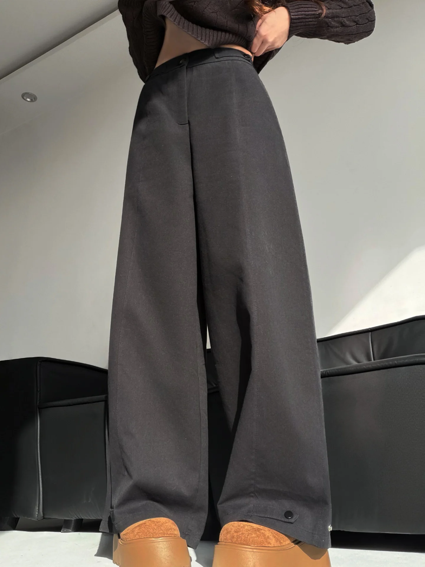 

Черные широкие брюки, женские драпированные свободные прямые повседневные брюки с высокой талией, ленивый Sle, весна-осень, хлопок, полиэстер