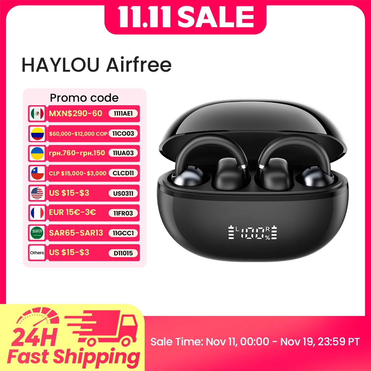 HAYLOU AirFree سماعة أذن بمشبك بلوتوث 5.4 سماعات أذن لاسلكية مزدوجة الميكروفون AI للحد من الضوضاء سماعات رأس رياضية شاشة LED ذكية