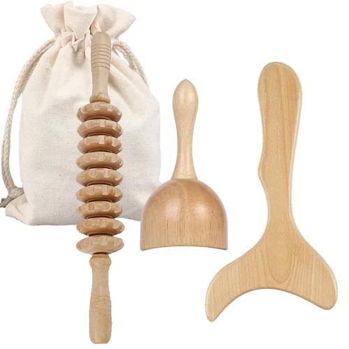 Juego de herramientas con rodillo de masaje de madera, kit de Maderoterapia masajeador de drenaje linfático, herramienta de masaje Manual para masaje corporal, juego Gua Sha