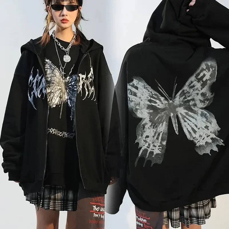 Women Zipper Hoodies Butterfly Print Hip Hop Long Sleeve Jackets for Men Spring Autumn Streetwear Casual Loose Hooded Coats