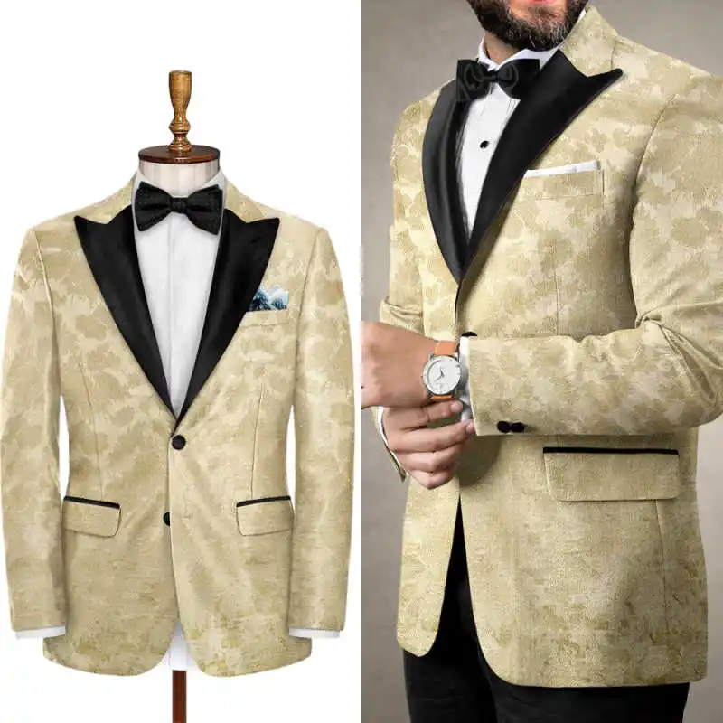 

Stylish Men's Jacquard Tuxedos Single Breasted Peaked Lapel Pant Sets Slim Fit Prom Male Party Customized Wear