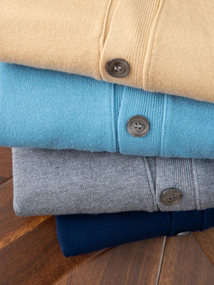 Choice Autumn Winter Men Sweater Standard Smart Casual Wool Cardigan 100% Merino Wool Knitwear Long Sleeve V-Neck Collar Tops