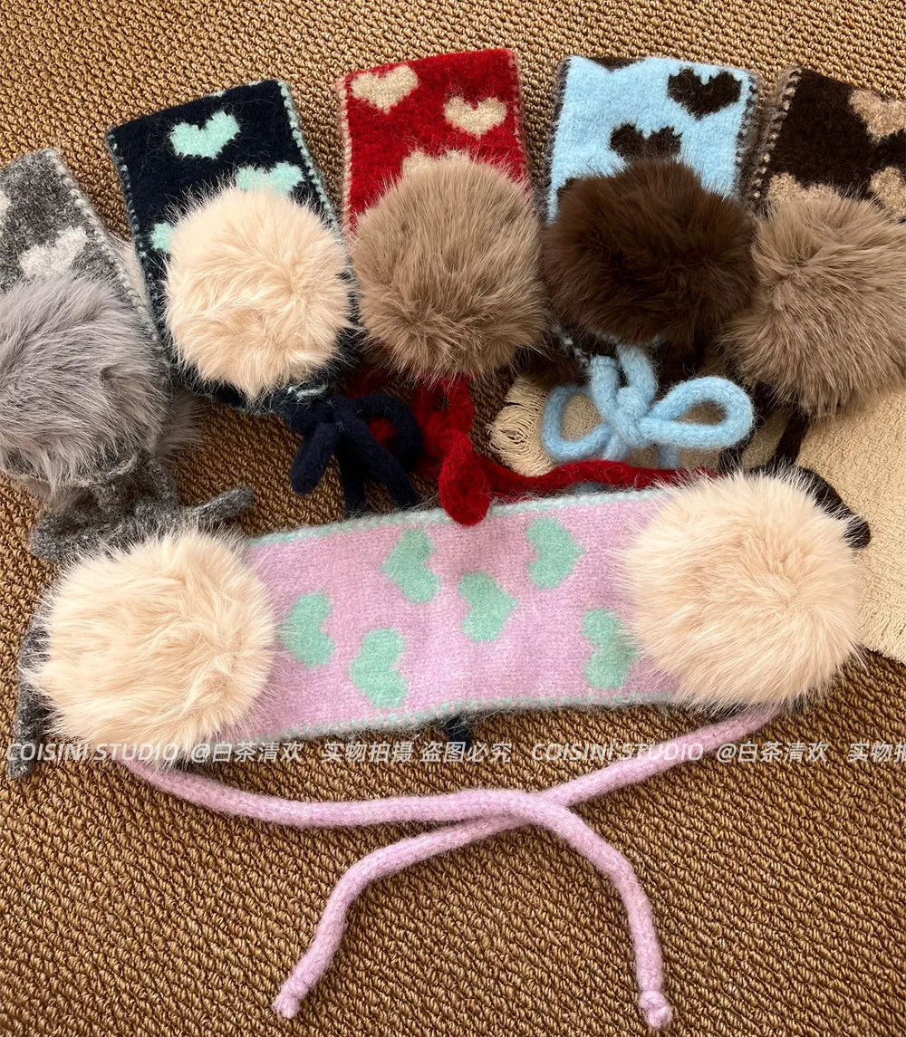 Heart Pattern Knitted Winter Earmuffs for Women Faux Fur Pom‑pom Ear Warmers Bow‑tie Design Soft Warm Cold‑proof Ear Muffs