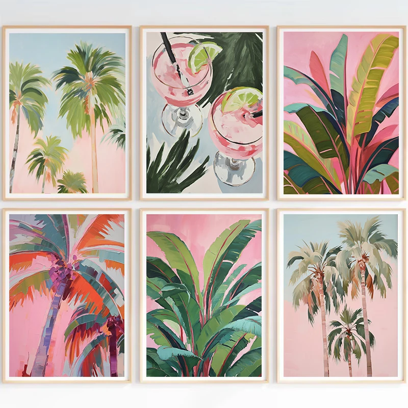 Tropical Leaves Cocktail Pink Summer Botanical Plants Poster Canvas Painting Aesthetic Wall Art Pictures Home Interior Decor