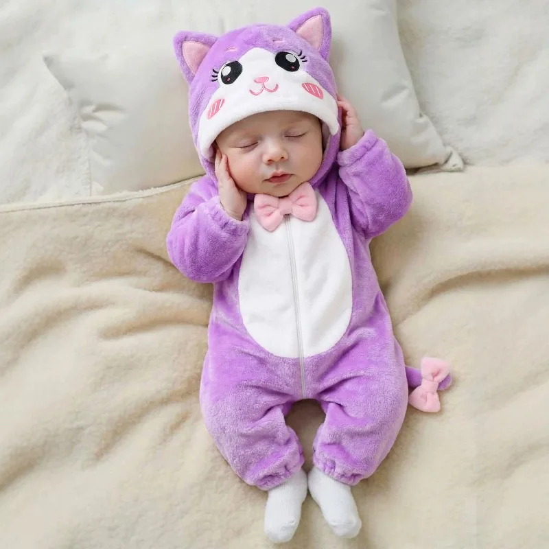 Newborn Infant Baby Purple Cat Costume Romper Long Sleeve Hooded Plush Jumpsuit With Pink Bow And Tail 0 24M
