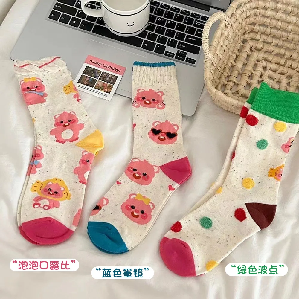 3 Pairs Kawaii Cute Loopy Little Beaver Cotton Socks Mid Calf Socks Candy Color Soft Breathable Comfortable Casual Socks Ins Gir