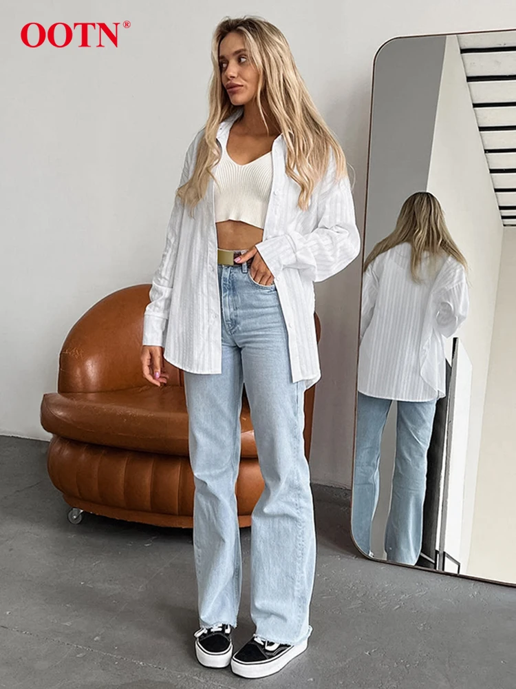 OOTN Elegant Cotton White Shirts Blouses For Women Summer Solid Long Sleeve Jacquard Shirts Fashion Ruched Slit Tops Blouse 2024