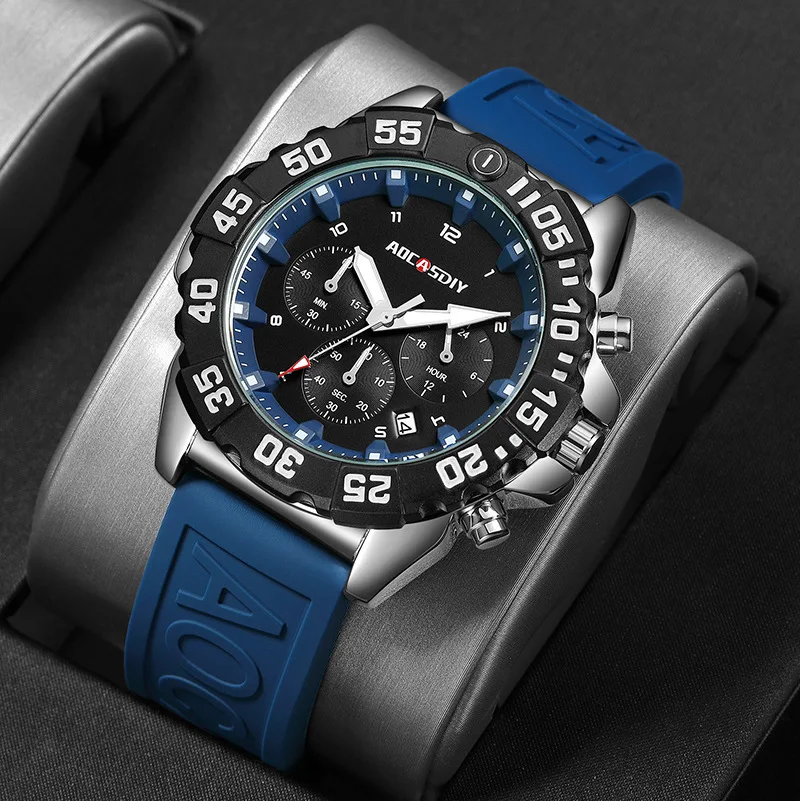 Hot-selling men's watch digital large dial multi-function 6-pin quartz watch waterproof silicone tape sports watch**