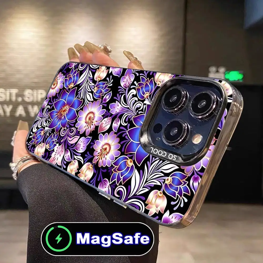

Painting Flowers Mobile Phone Case for iPhone 16 15 14 13 12 11 Pro Max Plus MagSafe Translucent Colour Protective Cover Luxury