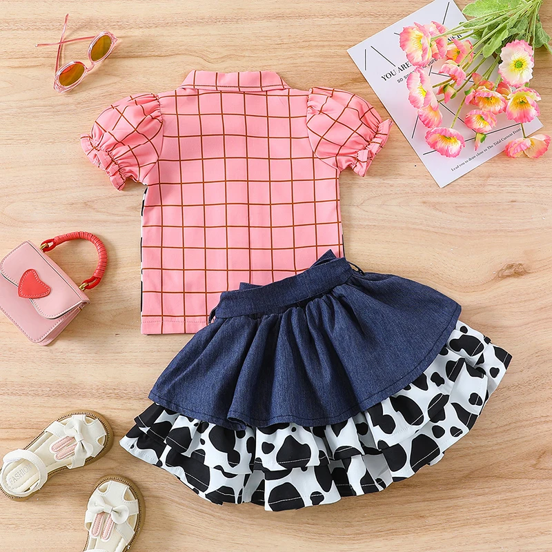 Baby Clothing Girls Summer Short Sleeve Cow Print Shirt+Denim Skirt Set Kids Girls Clothes Outfits Children\'s Clothing