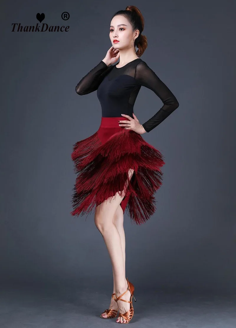เต้นรําละติน Cha Cha Samba Rumba เครื่องแต่งกาย Fringe Latin Dance กระโปรง