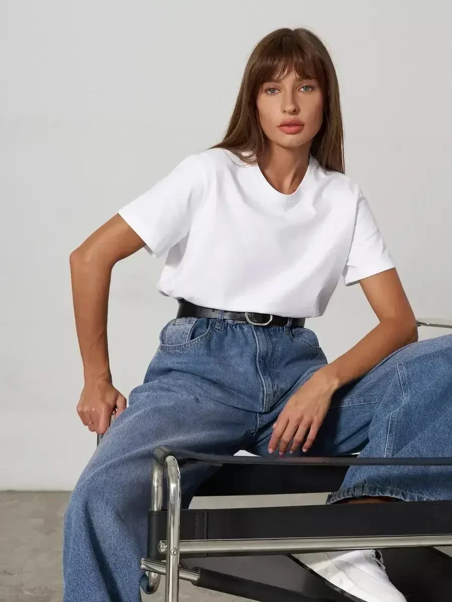 Wolfeel Summer 100% Cotton Women's T-shirt Bottoming Basic Fashionable Solid Lady Short Sleeve Loose Tops Shirts 230g/㎡ Tops
