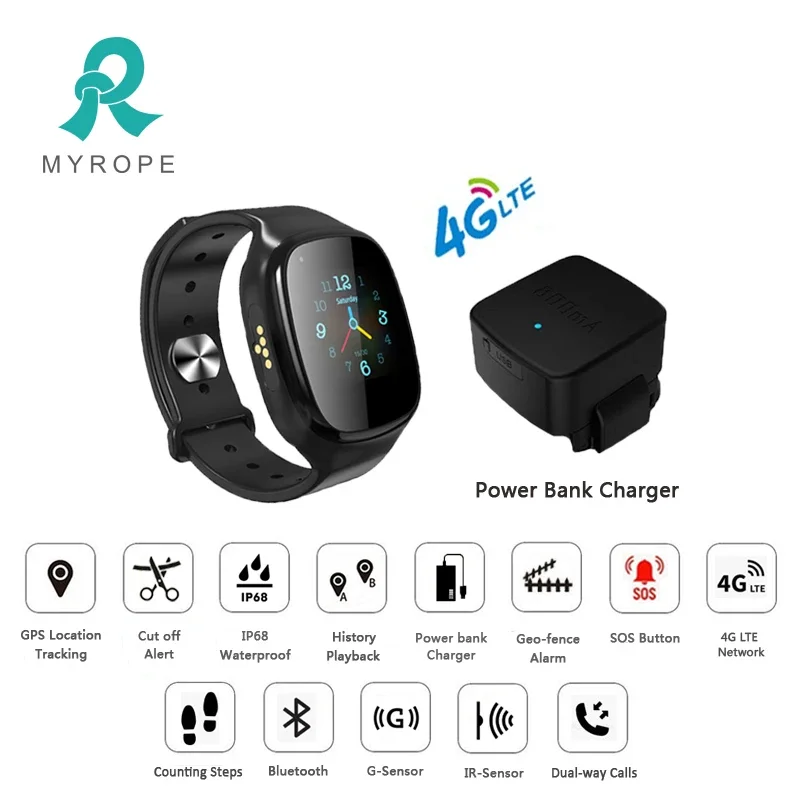 4G LTE Tamper GPS Tracker Bracelet Watch 3G/4G Sim Card,built-in Wifi Portable 12 Months Black 100-1000m -162 Dbm