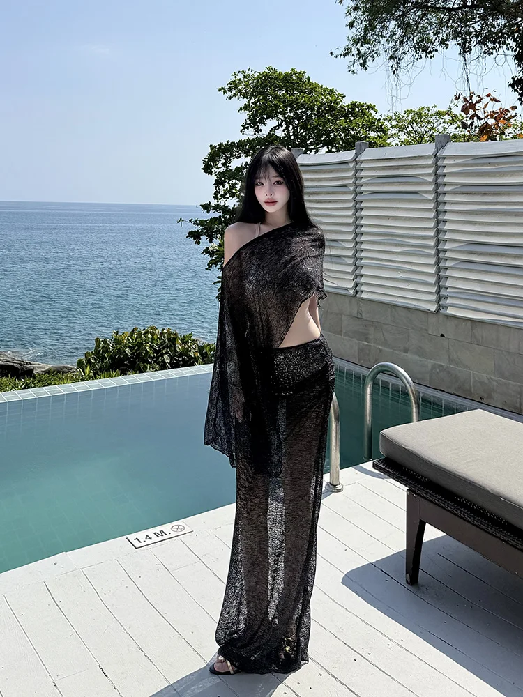 

Black Sexy See-through Beach Bikini Dress Women's Summer Slimming Holiday Style Hanging Neck Long Skirt Transparent Gown