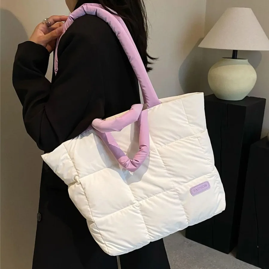 

New fashion down bag cotton linen simple comfortable shoulder women's bag soft space bag solid color leisure square handbags