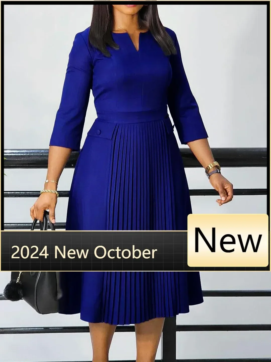 Plus Size Spring Autumn New Solid Color Matching V-Neck 3/4 Sleeves Fashion Commuting Slim Fit Midi Length Elegant Style Dress