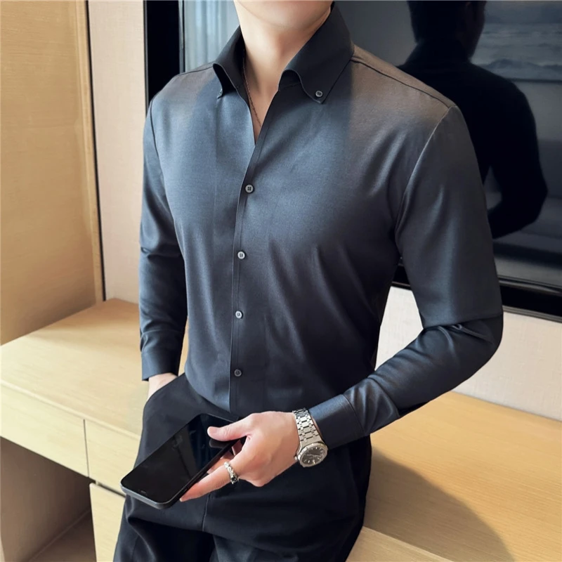 M-4XL High Quality Solid Color Shirt for Men Long Sleeve Casual Business Dress Shirts Seamless Comfortable Social Men Clothing