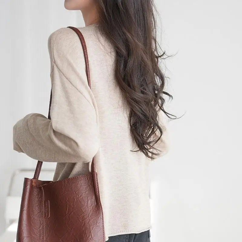 T-shirt à manches longues et col rond pour femme, pull polyvalent en fil de coton pur, nouvelle chemise de Base, haut ample, printemps et automne