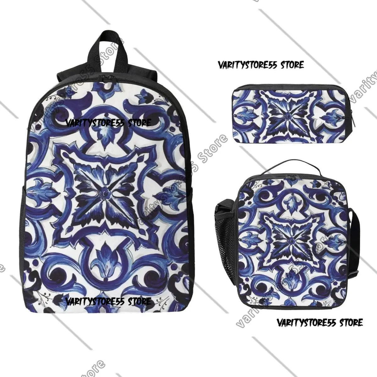 Blue Ornate Floral Mediterranean Sicilian Tile Backpack Student Boys Girl BookBag School Bag 3ps Insulated Lunch Bag Pencil Case
