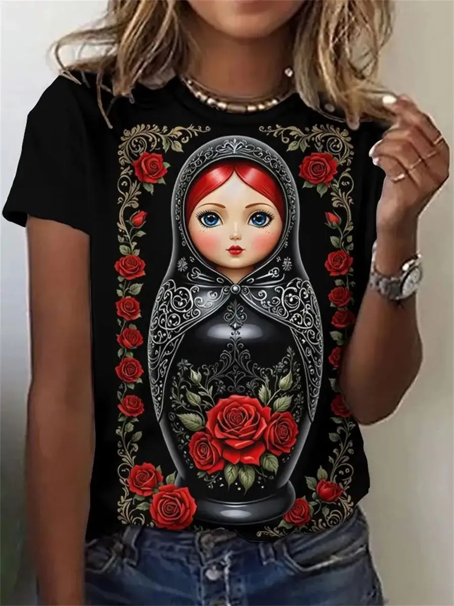 Summer Fashion Russian Girl T-Shirts Floral 3D Print Women Round Neck Short Sleeve T Shirt Tees Harajuku Y2K Top Female Clothing
