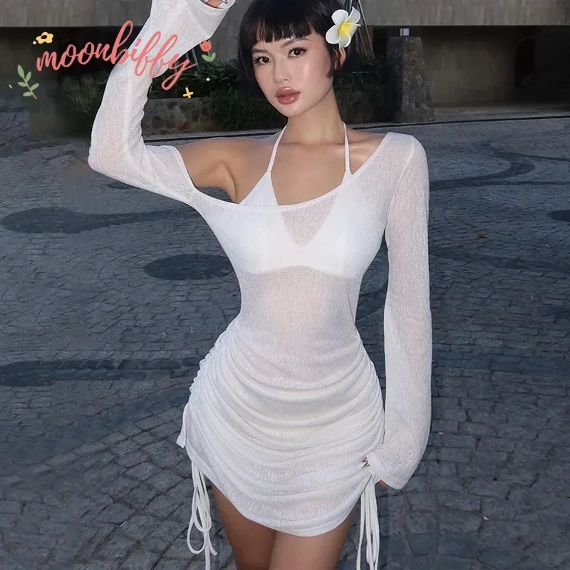 

Solid Skew Collar Ruched Straps Lace-Up See Through Draw String Mini Dress Summer Women Party Clubwear