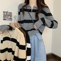 korean zipper All-match Sweaters Bottoming Shirt Women's Top harajuku Striped patchwork casual Loose Knit Sweater women Pullover