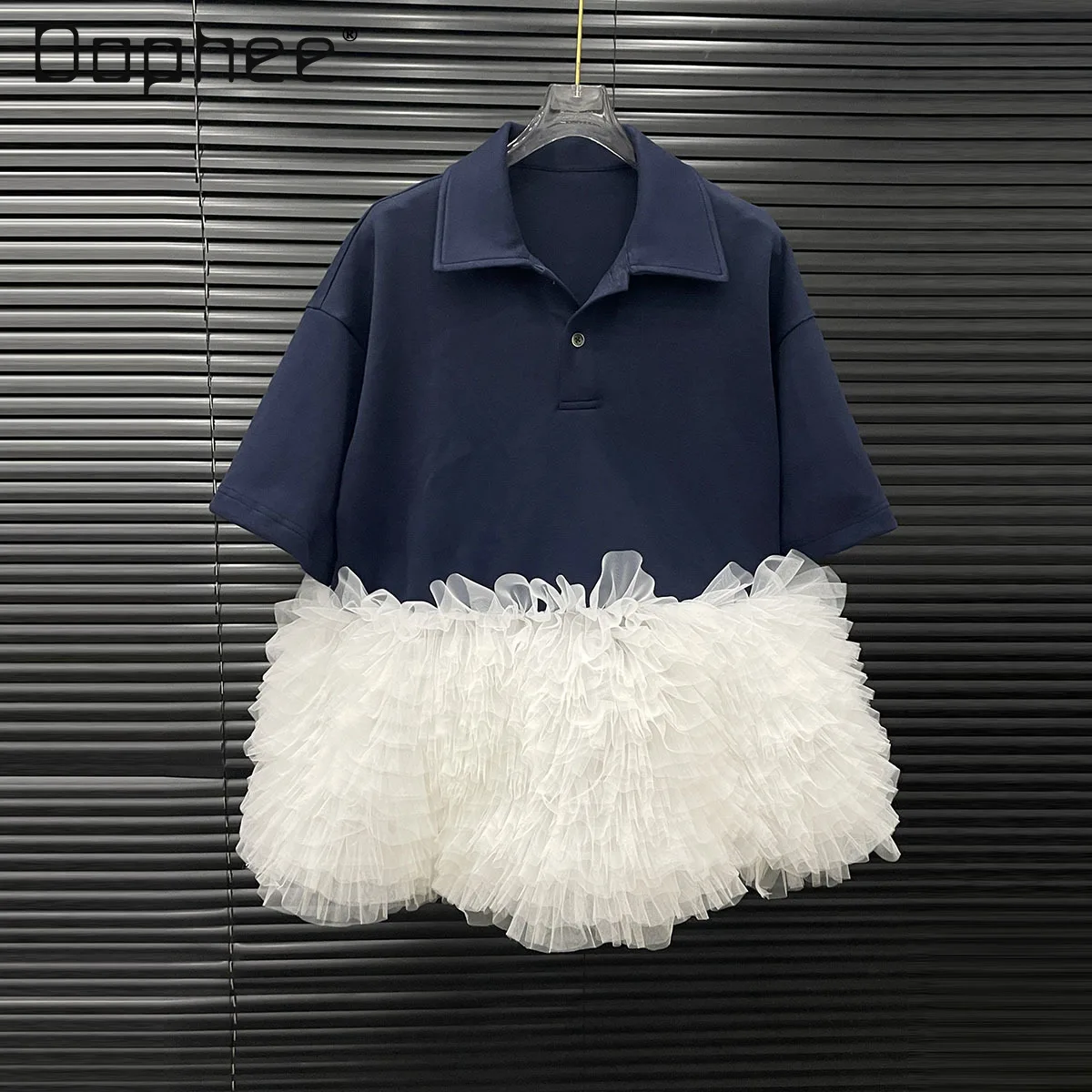 แนวโน้มเกาหลีLapel Tieตาข่ายSplicingชุดผู้หญิงพร็อพสไตล์สีทึบหลวมสบายๆTutuชุดแฟชั่นฤดูร้อนชุด