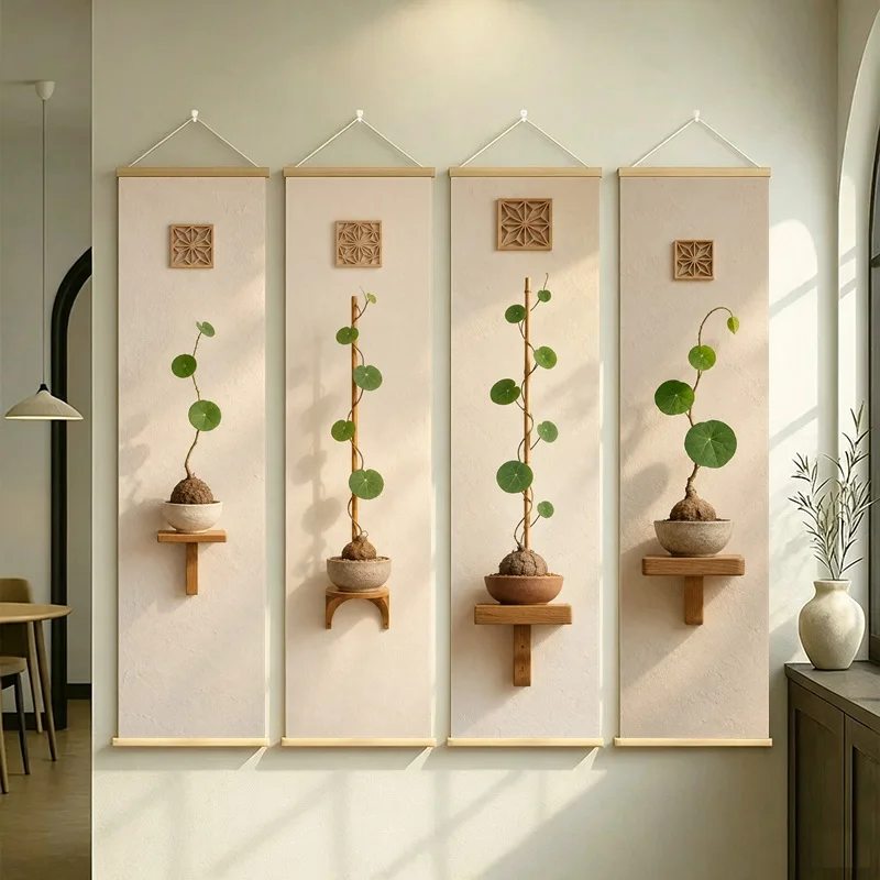Round Leaf Wall Art 4-Panel Green Plant Vase Hanging Scroll Set on Beige Silver Shimmer Canvas for Calm Entryway Home Decor