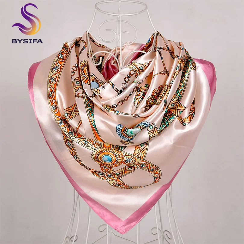 Fall Winter Pink Women Silk Scarf Hijab Fashion Chain Design Large Square Scarves Shawls Brand Accessories Neck Head Scarf Cape