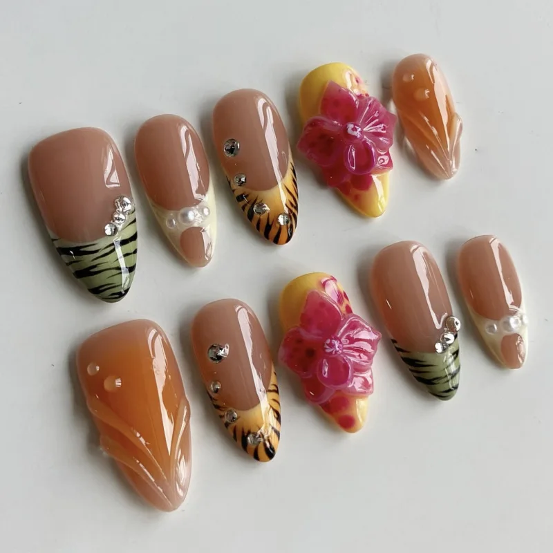 

24Pcs French Stripe Reusable Nails Set Press on Mid-length Almond False Nails Flower Rhinestone Pearl Full Cover Fake Nails Tips