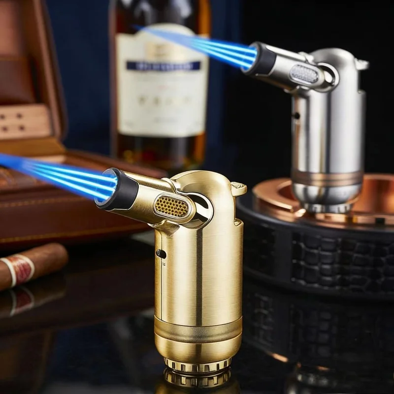 

JOBON Three Blue Flame Cigar Lighter Large Gear Flame Adjustment Visible Gas Window One Touch Flame Lock Design Compact