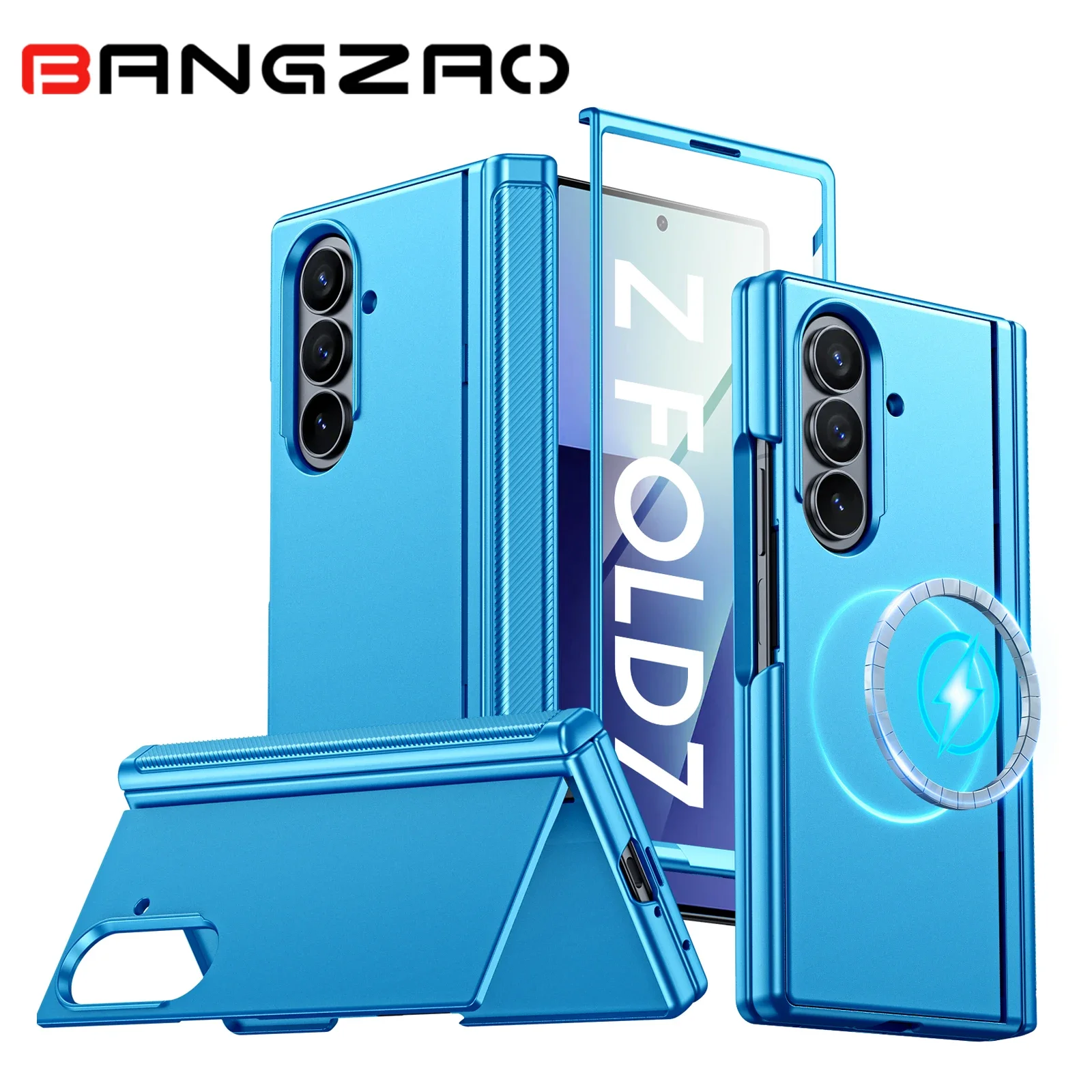 Magnetic Case for Samsung Galaxy Z Fold 7 with Hidden Kickstand,Built-in 9H Glass Screen Protector & Hinge Protection-Light Blue
