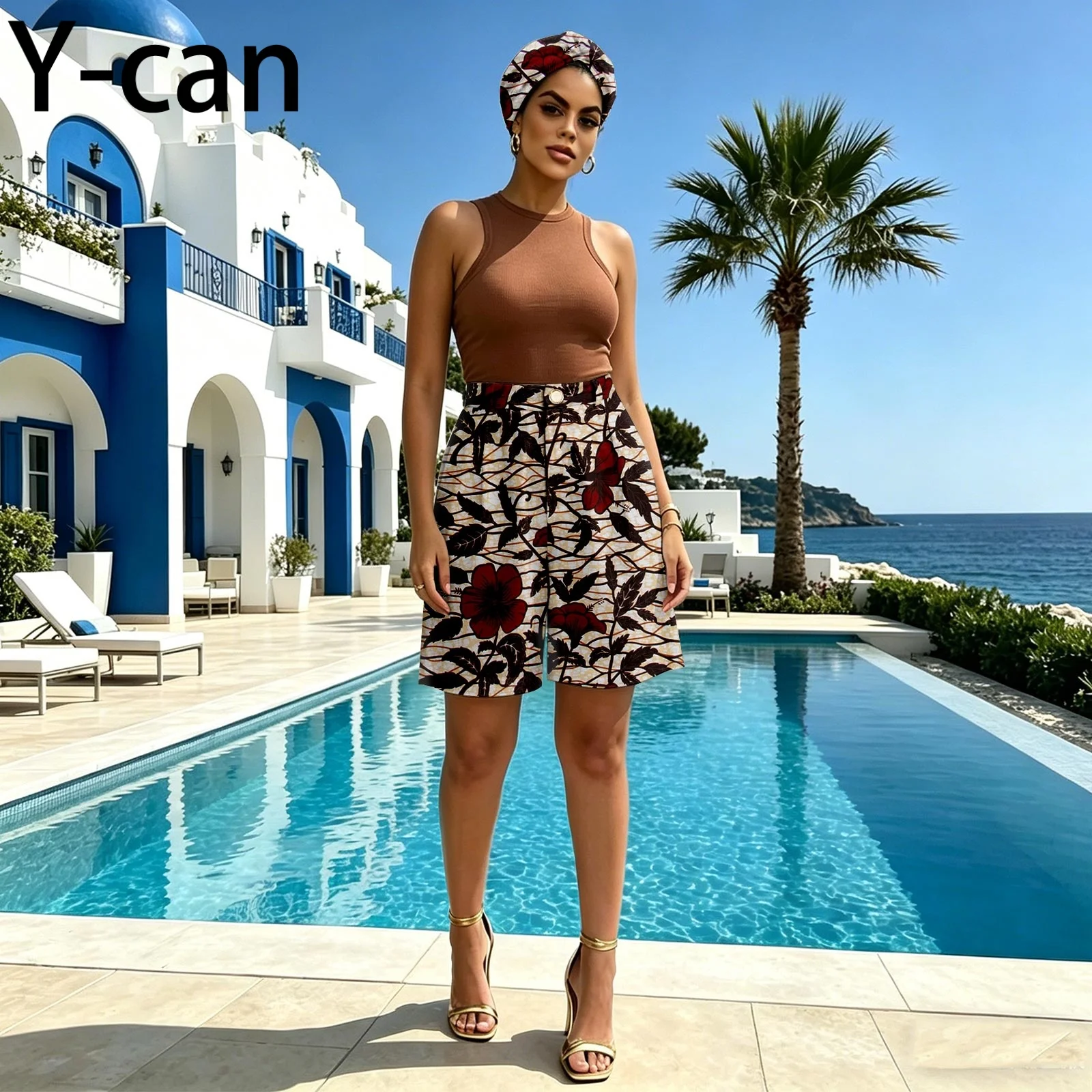 Women African Ankara Print High Waist Shorts Matching Headwrap Dashiki Casual Summer Beach Daily Outfit 2621006 - view 5