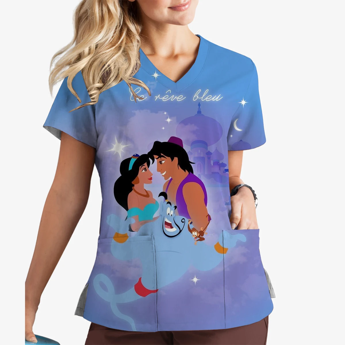 2024 New Princess Jasmine Print V-Neck Print Scrub Top Short Sleeve Top Hospital Nurse Caregiver Pet Shop Work Uniform