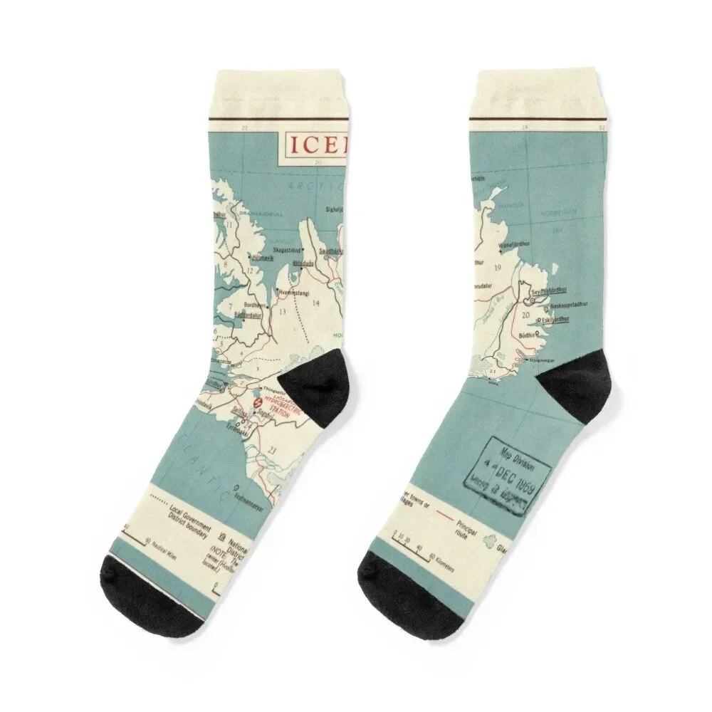 

4K Vintage Iceland Map 1958 HD Antique Map Of Iceland Old Iceland Map Socks Argentina soccer anti-slip Socks For Man Women's