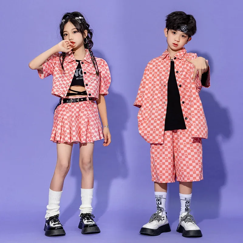 Menina hip hop dança traje crianças rosa xadrez camisa calças superiores crianças jazz rua desempenho conjuntos de roupas