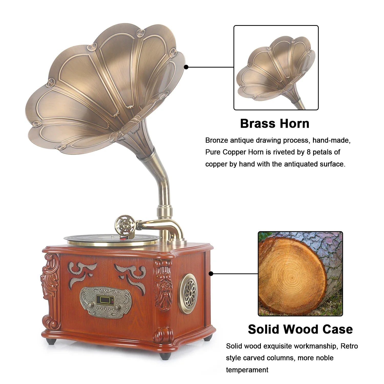 다크 브라운 빈티지 클래식 홈 데코레이션 레트로 앤티크 축음기, 턴테이블 비닐 레코드 플레이어, 스테레오 스피커 시스템