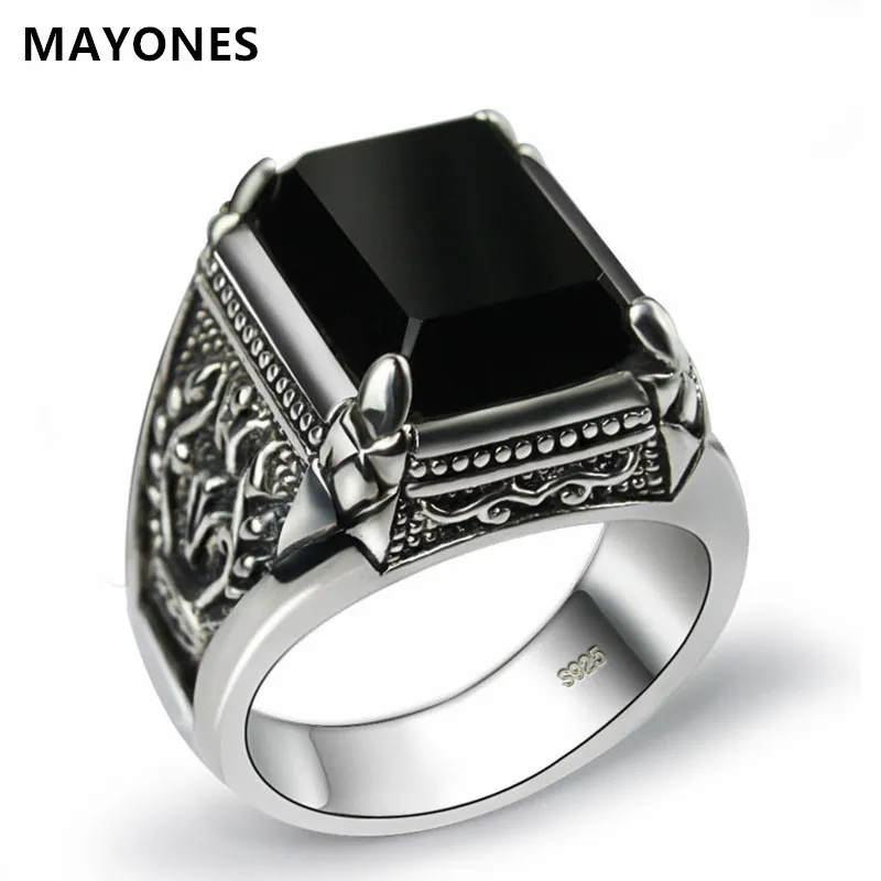 

Real 925 Silver Black Zircon Ring For Men Female Engraved Flower Men Fashion Sterling Thai Silver Jewelry Synthetic Onyx