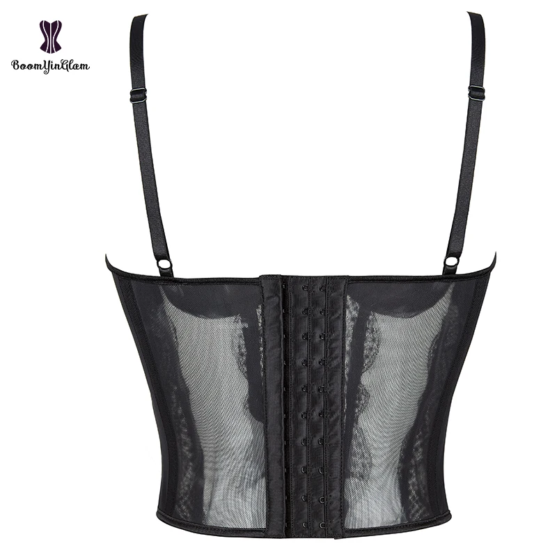 Plus Size S-xxxl Women Lace Up Boned Black Translucent Corset Top Removable Strap Mesh Lace Bustier With G String