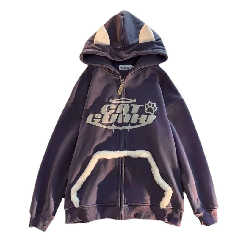 high Quality Demon Hoodies Women Sweater Cat Ear Fashion Design Plush Korean Loose Sweatshirt y2k Gothic Kawaii Zip Up Hoodie