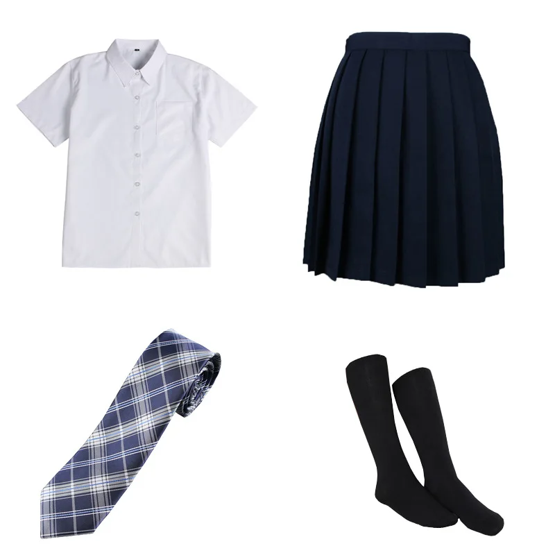 Japanese JK Uniform White Shirts Short Sleeves+Navy Blue Pleated Skirt+Blue Grid Tie School Dress Suits With Stockings For Girl