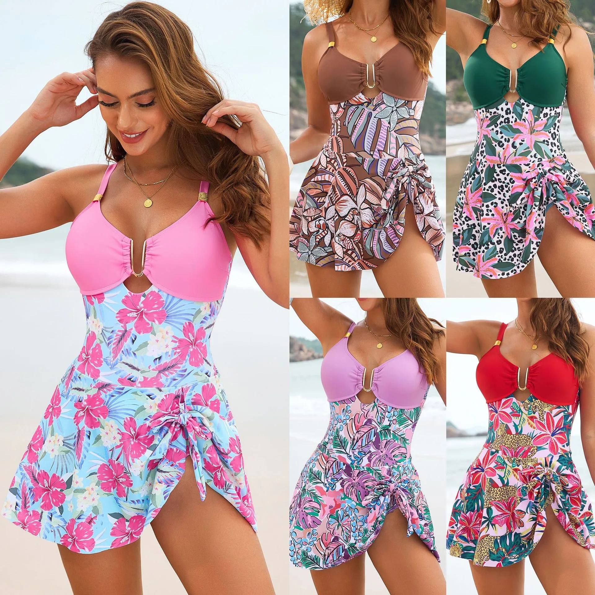 Women Swimsuit Tummy Control Swimwear Skirted Leopard Print Bathing Suit Keyhole Bust Ruched Top Tie Waist High Cut Legs